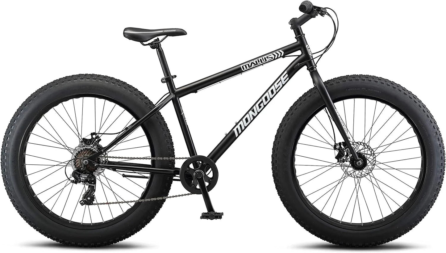 Malus Mens and Women Fat Tire Mountain Bike, 26-Inch Bicycle Wheels, 4-Inch Wide Knobby Tires, Steel Frame, 7 Speed Drivetrain, Shimano Rear Derailleur, Disc Brakes