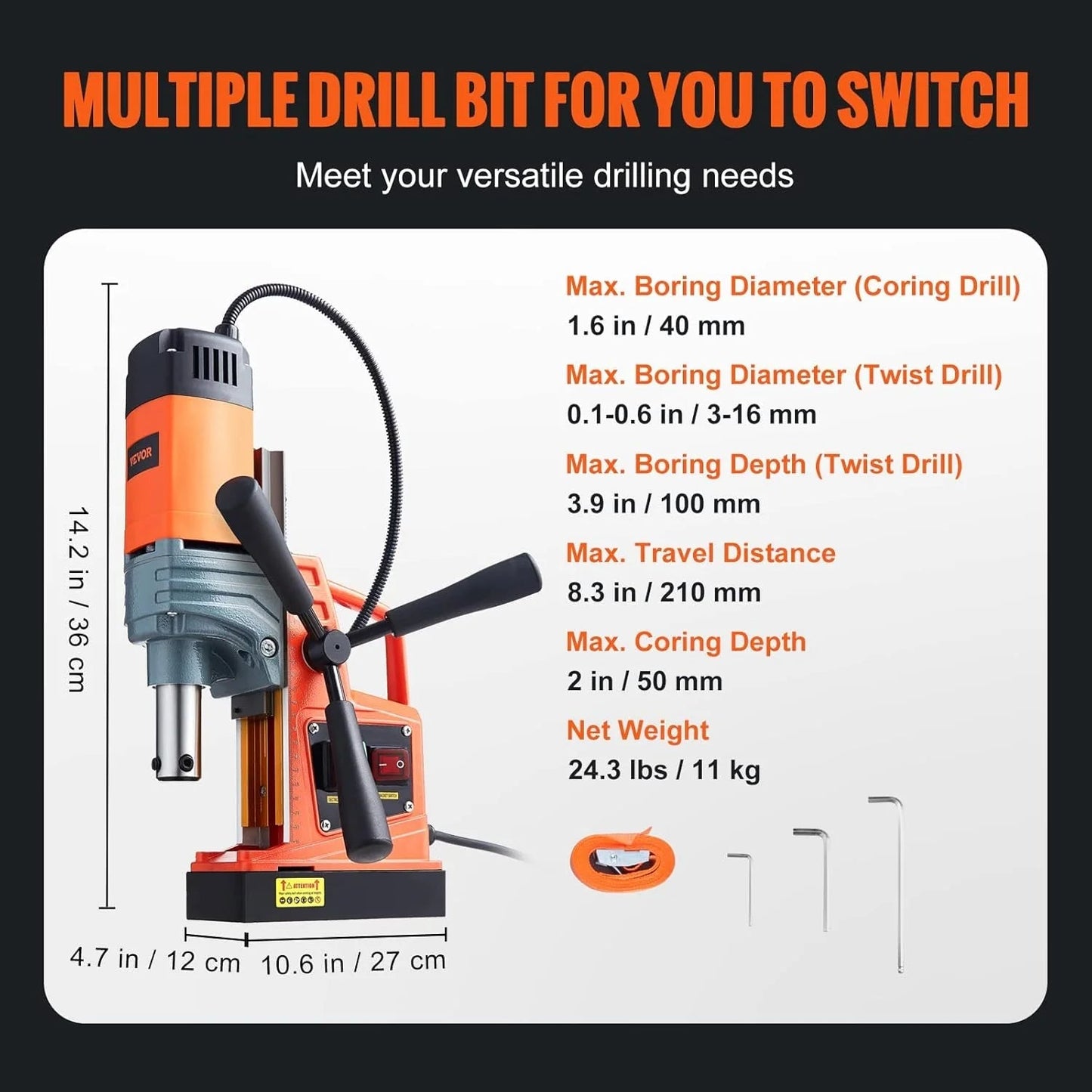 Mag Drill Press, 1550W 2" Boring Diameter, 2922lbf Power Magnetic Drill, 500 PRM, 10-Speed, Electric Drilling Machine for Metal Surface, Industrial and Home Improvement