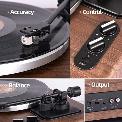 High Fidelity Belt Drive Turntable with Built-in Speakers, Vinyl Record Player with Magnetic Cartridge, Bluetooth Playback and Aux-in Functionality, Auto Off