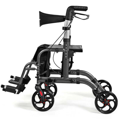 2 In 1 Rollator Walker Wheelchair Folding Medical Walker Aluminum Transport Chair Mobility Walking Aid - Comfortable And Ergonomic Design