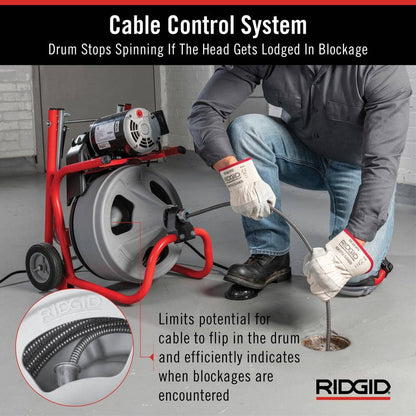 K 400 Drain Cleaning Snake Auger 120 Volt Drum Machine with C 32IW 3/8 in. x 75 ft. Cable 4 Piece Tool Set & Gloves 52363