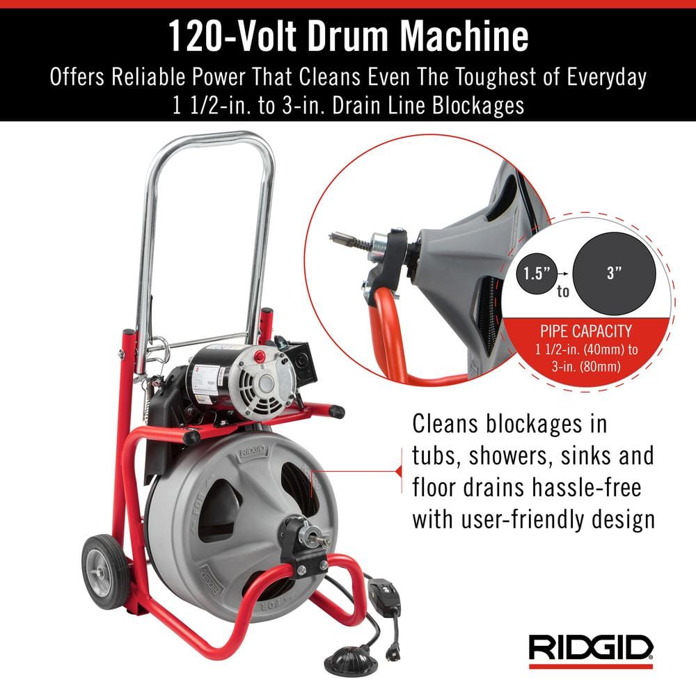 K 400 Drain Cleaning Snake Auger 120 Volt Drum Machine with C 32IW 3/8 in. x 75 ft. Cable 4 Piece Tool Set & Gloves 52363