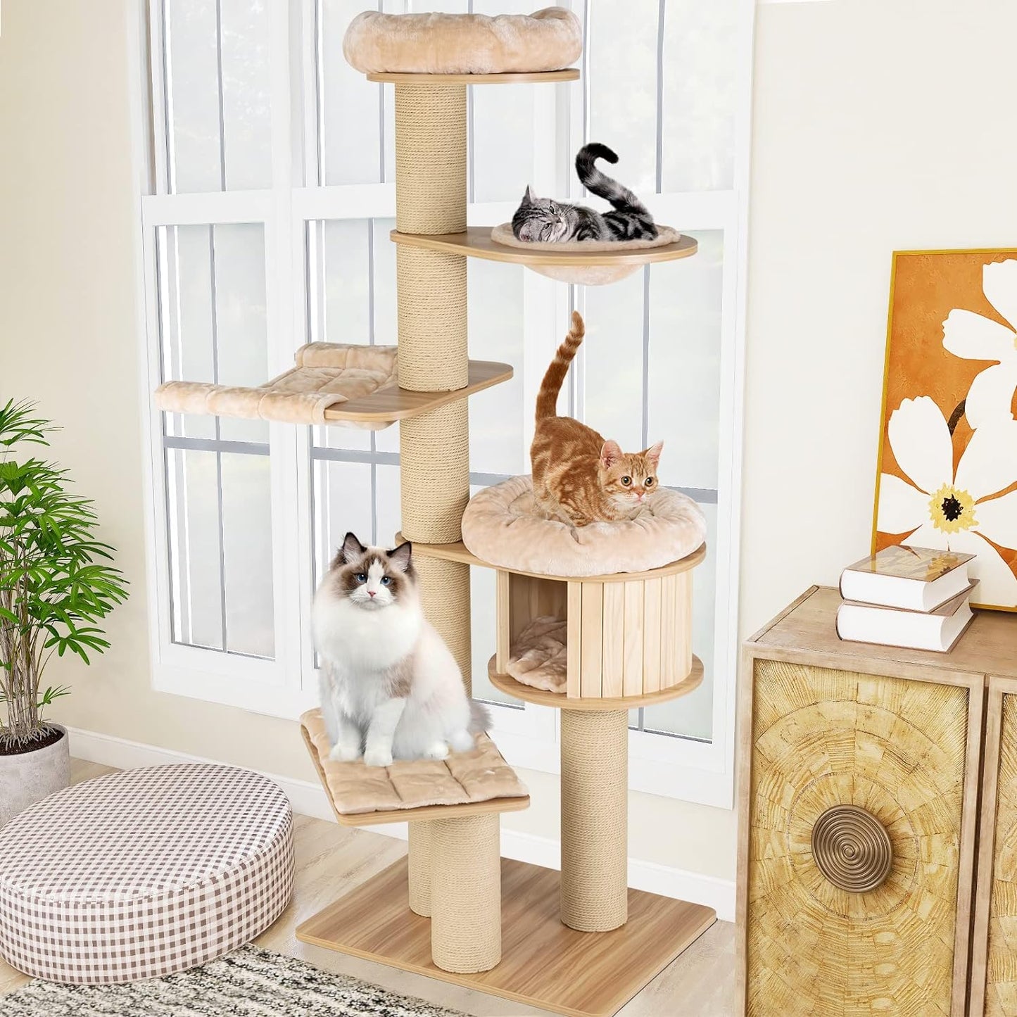 Large cat tree, multi-level tower with sisal posts, hammock, hanging basket and removable washable mats, perfect for large cats