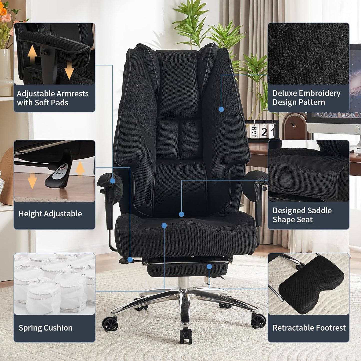 Large Tall Office Chair 400 lbs Wide Seat, Leather High Back Executive Office Chair with Footrest, Ergonomic Office Chair Lumbar Support to Relieve Lower Back Pain (Beige)