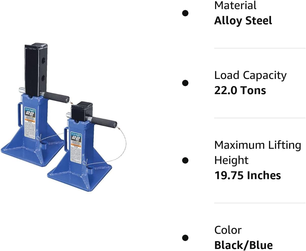 HD61222 22 Ton Automotive Jack Stands for Garages, Repair Shops, and DIY, Pin Style, V Shaped Saddle, Heavy Duty Steel Frame, Adjustable Height 11.825"- 19.725", Black/Blue, Pair