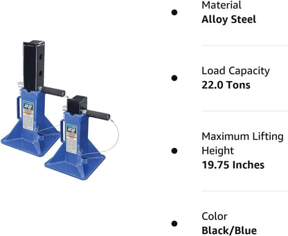 HD61222 22 Ton Automotive Jack Stands for Garages, Repair Shops, and DIY, Pin Style, V Shaped Saddle, Heavy Duty Steel Frame, Adjustable Height 11.825"- 19.725", Black/Blue, Pair