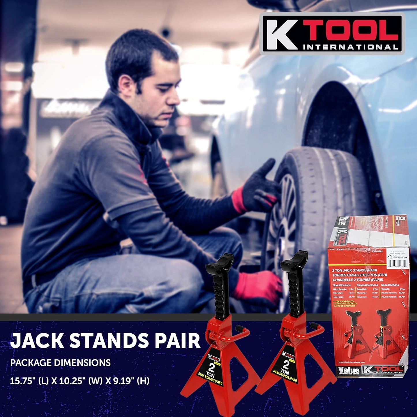 HD61222 22 Ton Automotive Jack Stands for Garages, Repair Shops, and DIY, Pin Style, V Shaped Saddle, Heavy Duty Steel Frame, Adjustable Height 11.825"- 19.725", Black/Blue, Pair