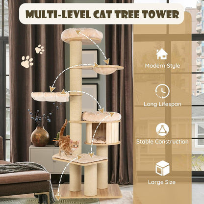 Large cat tree, multi-level tower with sisal posts, hammock, hanging basket and removable washable mats, perfect for large cats