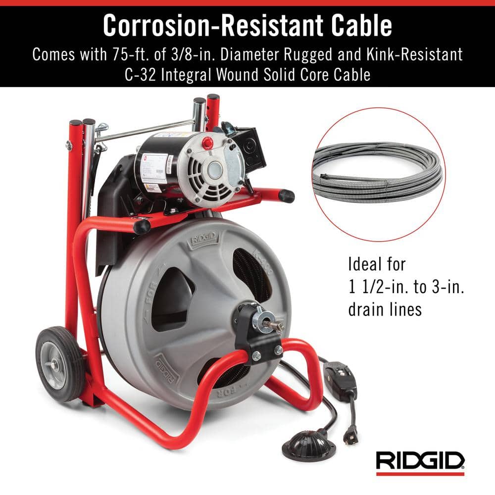 K 400 Drain Cleaning Snake Auger 120 Volt Drum Machine with C 32IW 3/8 in. x 75 ft. Cable 4 Piece Tool Set & Gloves 52363