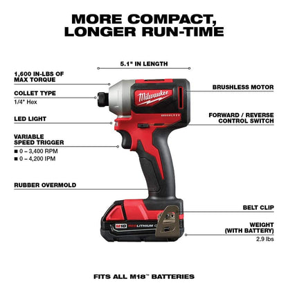 M18 18V Lithium-Ion Brushless Cordless Compact Drill/Impact Combo Kit (2-Tool) W/ (2) 2.0Ah Batteries, Charger & Bag 2892-22CT