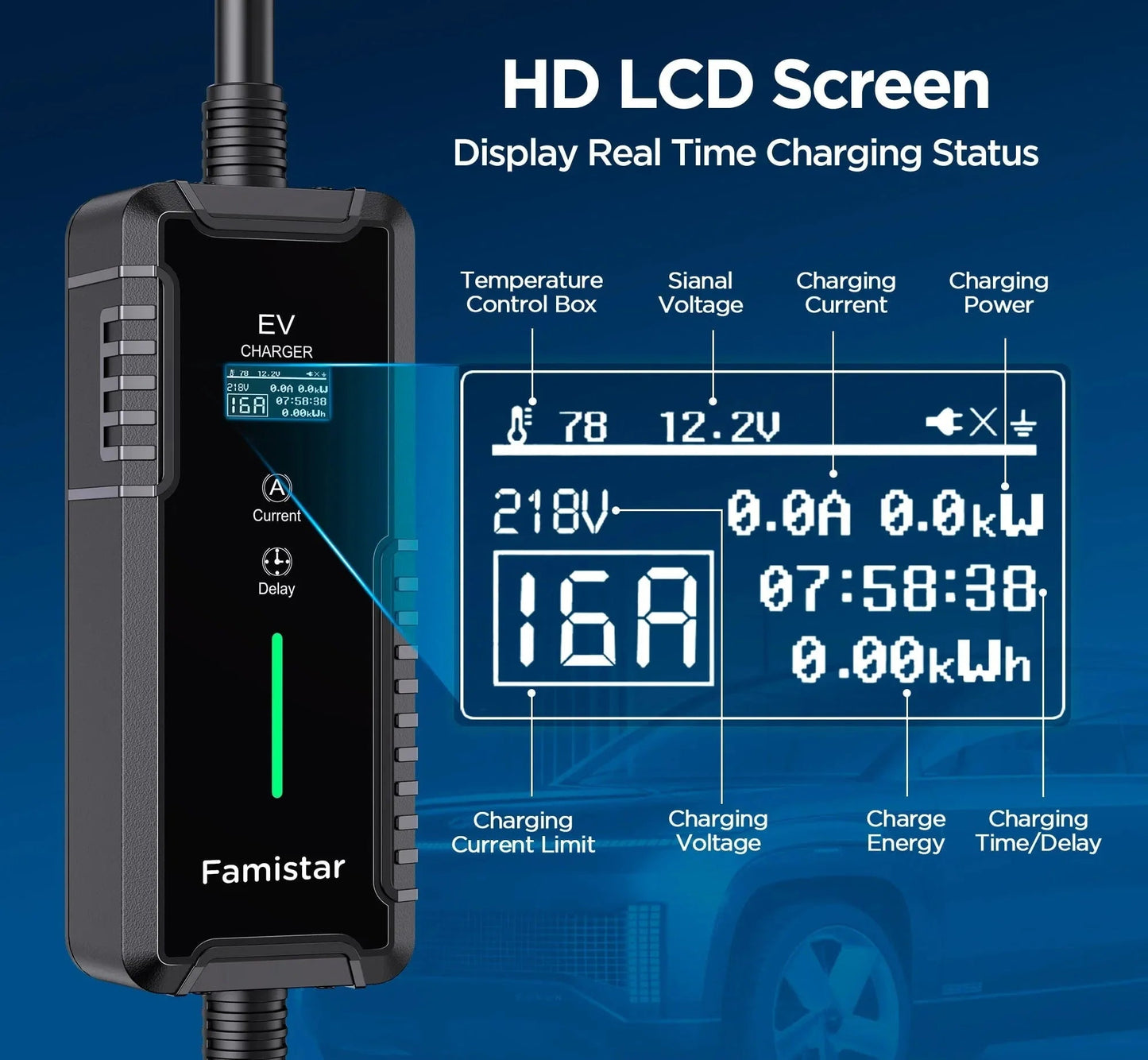 Level 2 & Level 1 EV Charger, 16Amp 110-240V Portable J1772 Electric Car Charger with Adjustable Amp Delayed Timer 25ft Long Cord