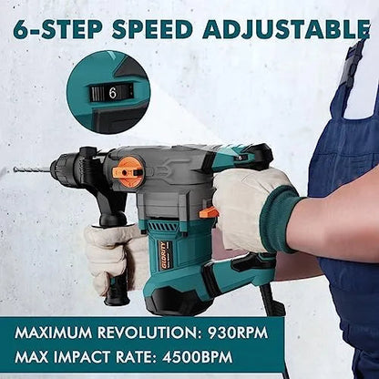 GLORITY Heavy Duty Rotary Hammer Drill with Aluminum Alloy Housing, 5 Drill Bits