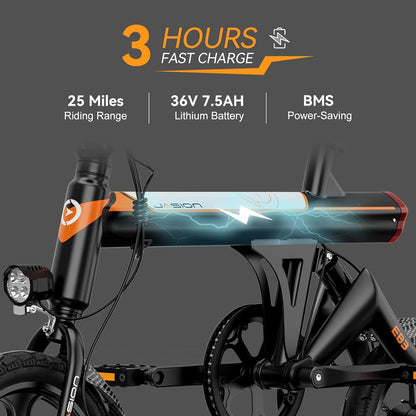 Jasion EB3 Electric Bike Adults 21mph, 500W Peak Motor, 270Wh Battery, Rear Suspension, 3 Levels Assist, 14′′ Folding Ebike for Adults and Teens, Complies to UL2849