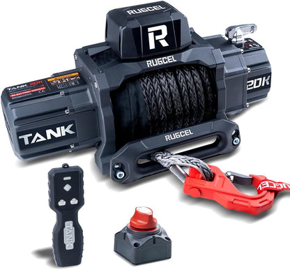 13500lb Waterproof Electric Red Synthetic Rope Winch with Hawse Fairlead, Wired Handle and 2 Wireless Remote (RED)