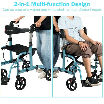 2 In 1 Rollator Walker Wheelchair Folding Medical Walker Aluminum Transport Chair Mobility Walking Aid - Comfortable And Ergonomic Design