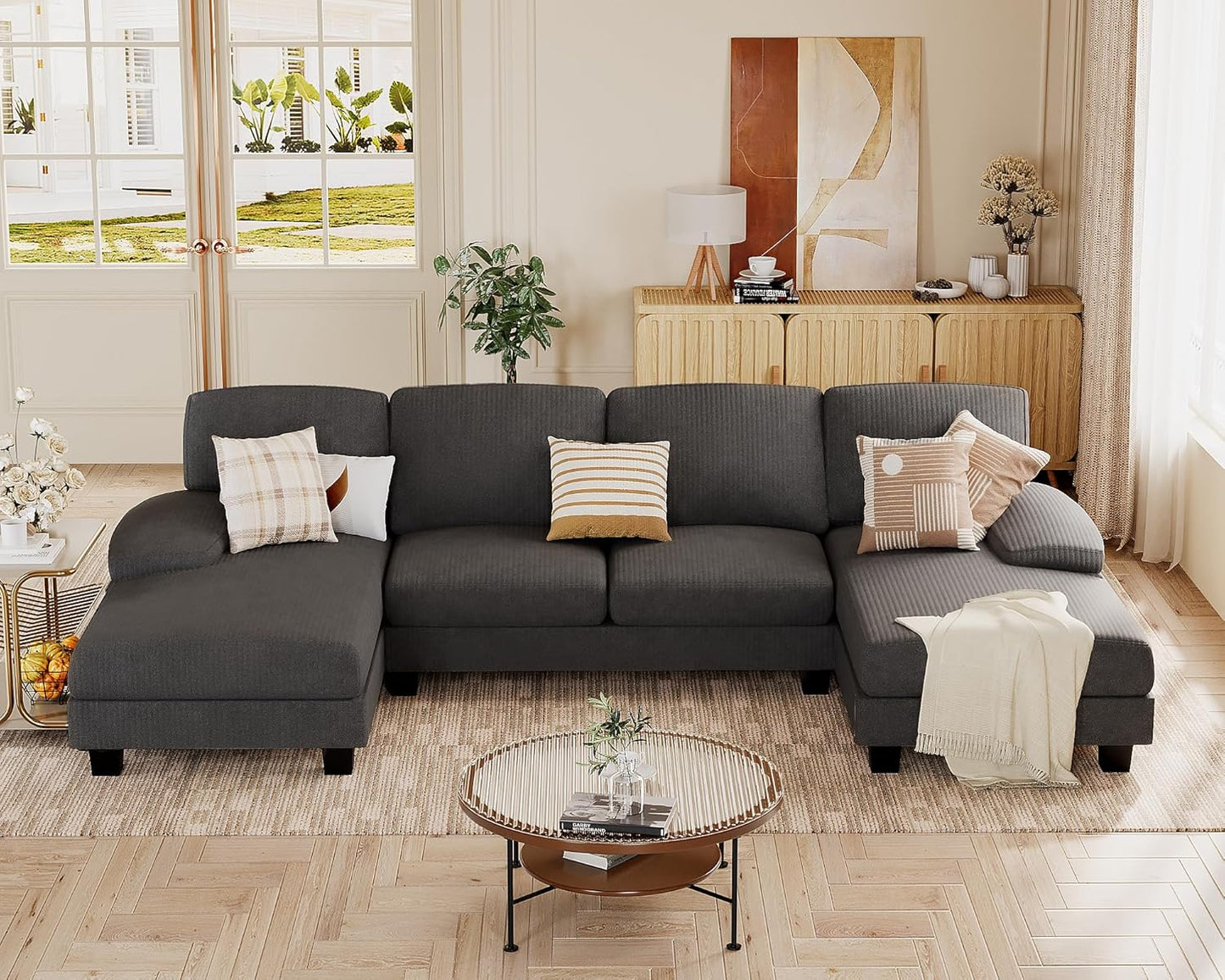 JUMMICO Sectional Couches for Living Room, U Shaped Couch with Chenille Fabric, 4 Seat Modern Sofa with Removable Pillows for Apartment and Small Space (Fabric, Grey)