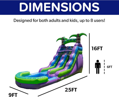 HeroKiddo 16' Purple Tropical Lightweight Premium Commercial Grade Water Slide Inflatable with Attached Pool for Kids and Adults (with Blower), Wet Dry Use, Summer Fun