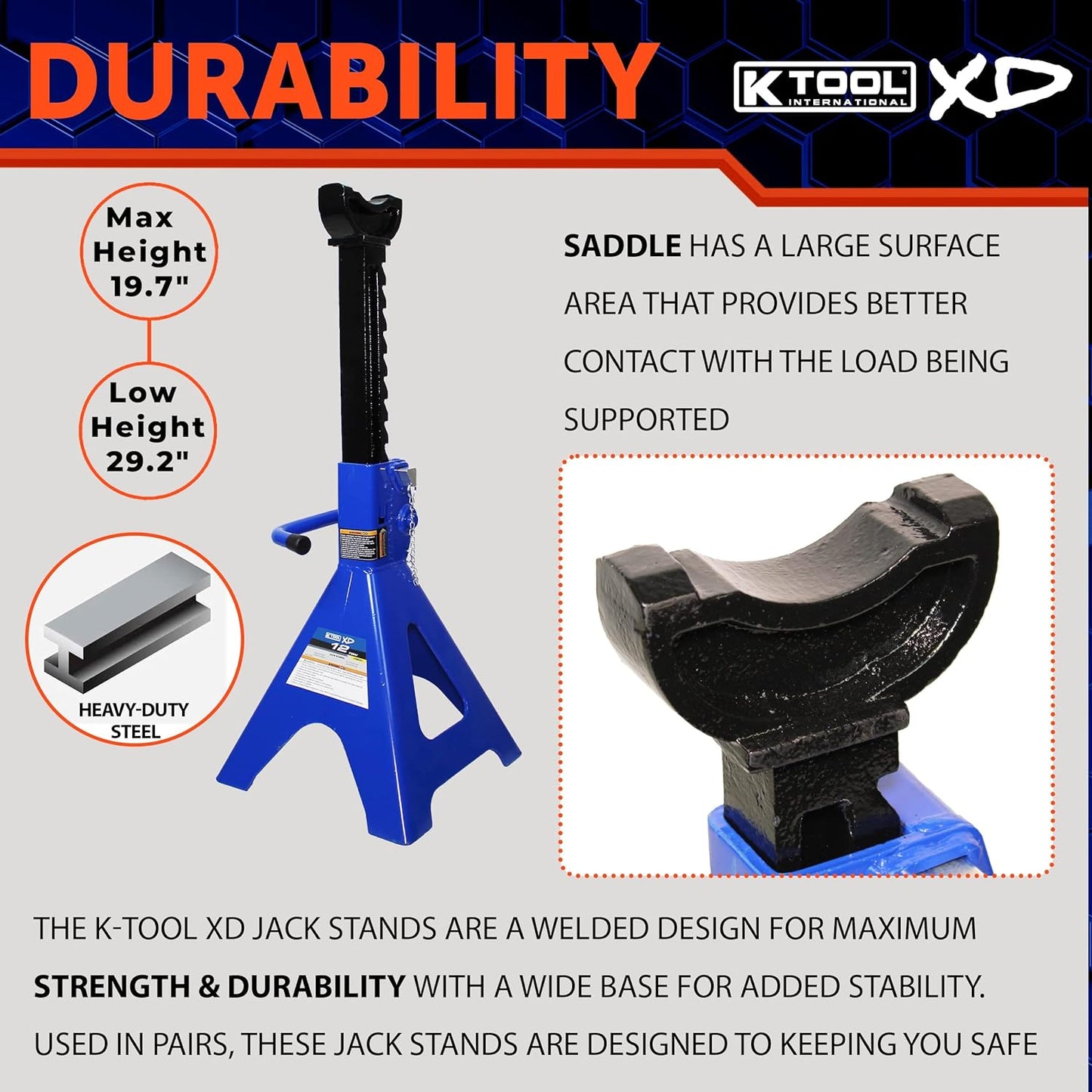 HD61222 22 Ton Automotive Jack Stands for Garages, Repair Shops, and DIY, Pin Style, V Shaped Saddle, Heavy Duty Steel Frame, Adjustable Height 11.825"- 19.725", Black/Blue, Pair