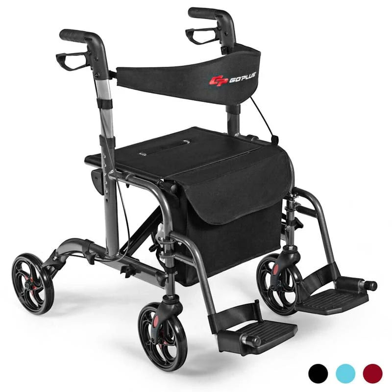 2 In 1 Rollator Walker Wheelchair Folding Medical Walker Aluminum Transport Chair Mobility Walking Aid - Comfortable And Ergonomic Design