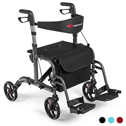 2 In 1 Rollator Walker Wheelchair Folding Medical Walker Aluminum Transport Chair Mobility Walking Aid - Comfortable And Ergonomic Design