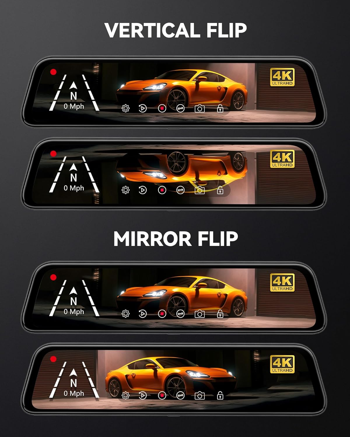 12" 4K Mirror Dash Cam Backup Camera, 2160P Full HD Smart Rearview Mirror for Cars & Trucks, Front and Rear View Dual Cameras, Night Vision, Parking Assistance, Free 32GB Card & GPS