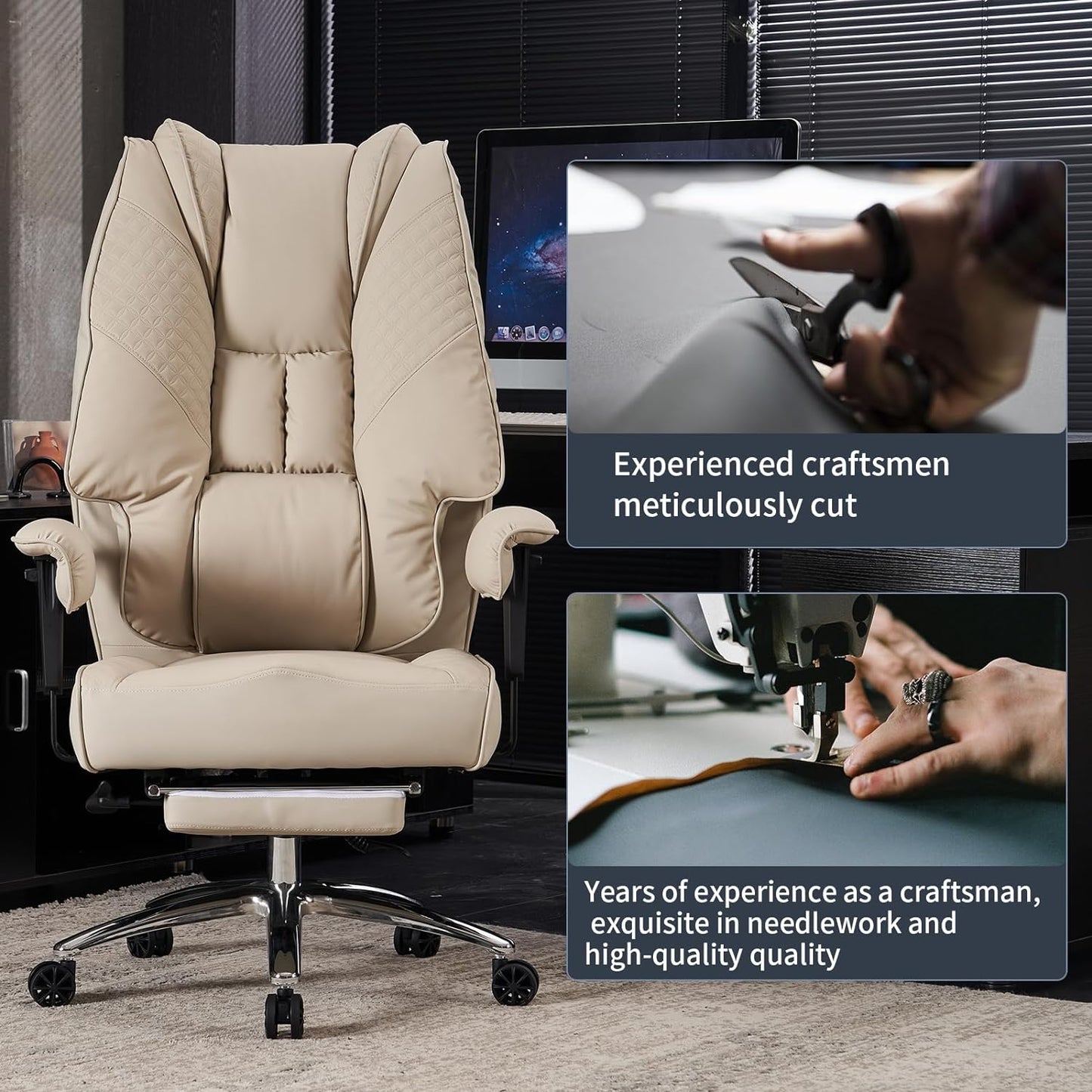 Large Tall Office Chair 400 lbs Wide Seat, Leather High Back Executive Office Chair with Footrest, Ergonomic Office Chair Lumbar Support to Relieve Lower Back Pain (Beige)