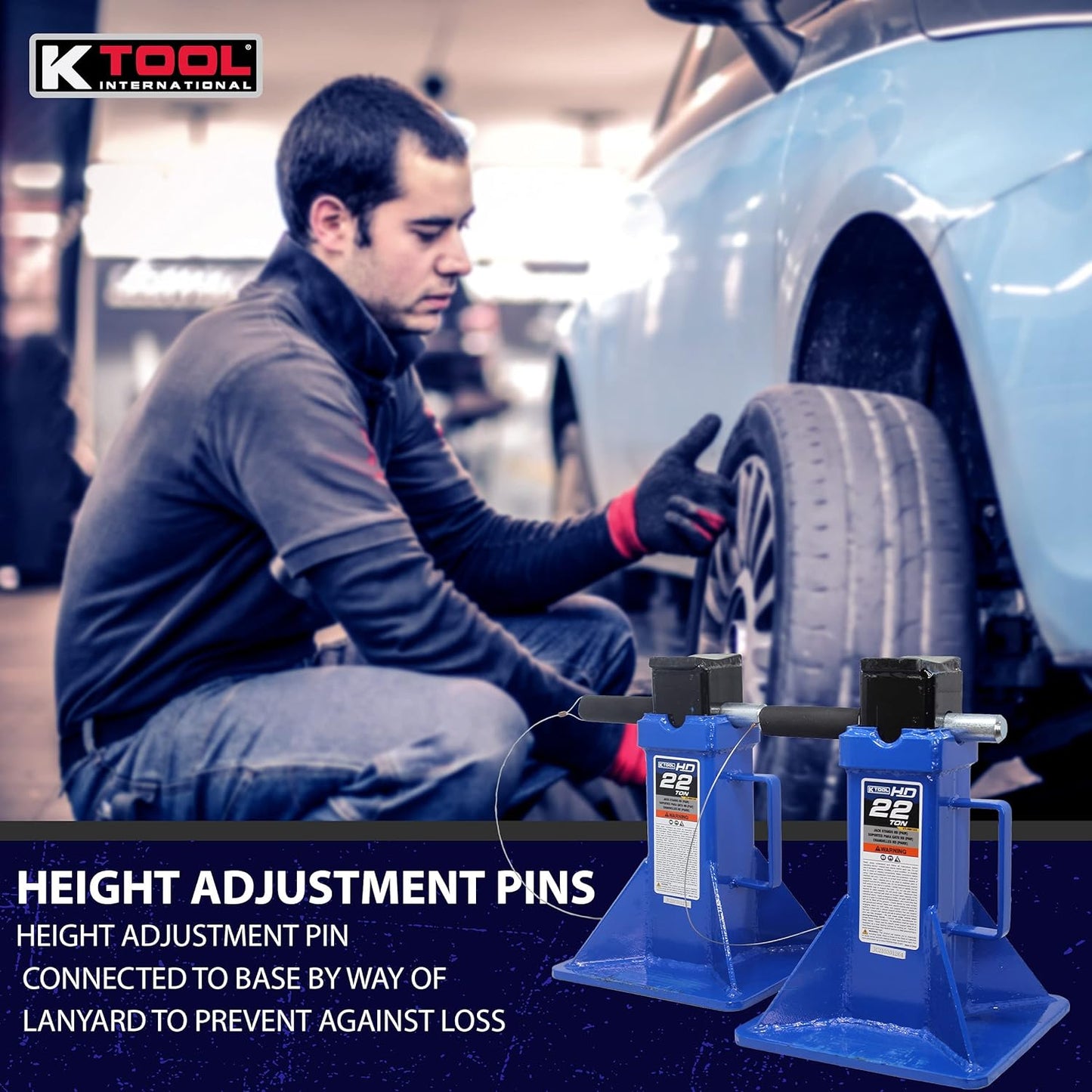 HD61222 22 Ton Automotive Jack Stands for Garages, Repair Shops, and DIY, Pin Style, V Shaped Saddle, Heavy Duty Steel Frame, Adjustable Height 11.825"- 19.725", Black/Blue, Pair