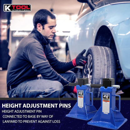 HD61222 22 Ton Automotive Jack Stands for Garages, Repair Shops, and DIY, Pin Style, V Shaped Saddle, Heavy Duty Steel Frame, Adjustable Height 11.825"- 19.725", Black/Blue, Pair