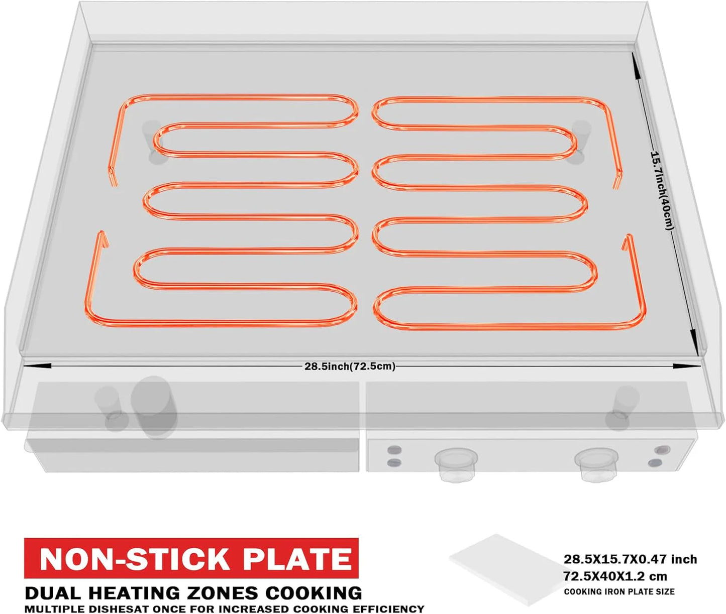 14 Inch Electric Griddle, Non-Stick Flat Top Grill Commercial Electric Countertop Griddles Stainless Steel Adjustable Temperature Control 90F-575F for Home or Restaurant Use