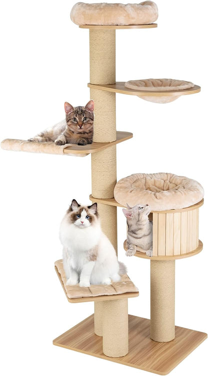 Large cat tree, multi-level tower with sisal posts, hammock, hanging basket and removable washable mats, perfect for large cats