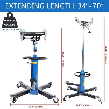 1660 Pounds Hydraulic Car Transmission Jack Vertical Lift with 360 Swivel Wheel Pedal ,Blue,33"-70"(0.75Ton)