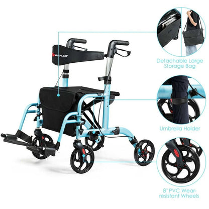 2 In 1 Rollator Walker Wheelchair Folding Medical Walker Aluminum Transport Chair Mobility Walking Aid - Comfortable And Ergonomic Design
