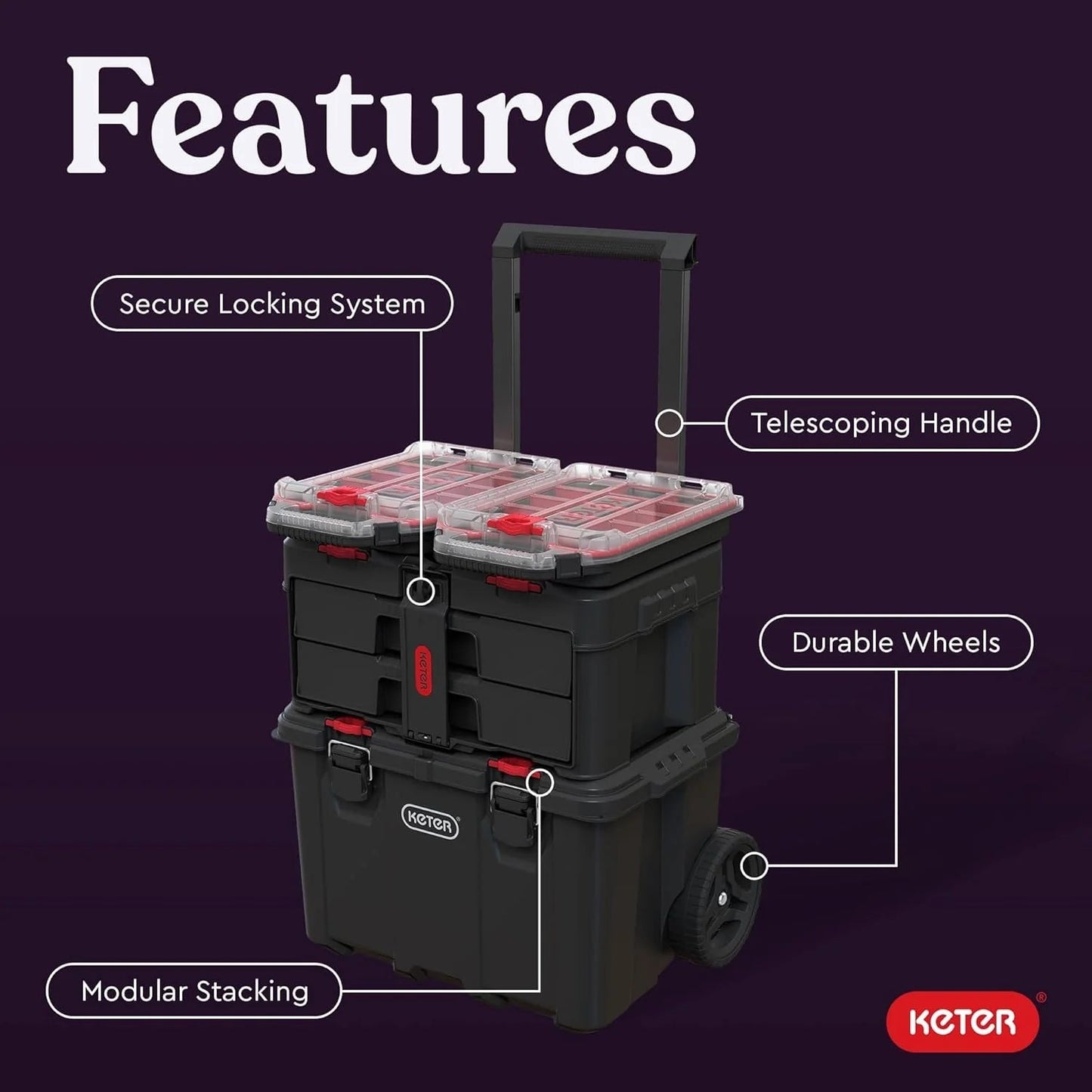 Keter Stack-n-Roll Modular Tools Organizer for Garage Storage and DIY, 3 Piece Resin Rolling Tool Box System for Small Parts