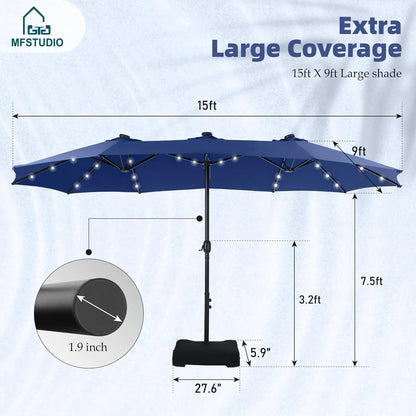 15ft Double Sided Patio Umbrella with Solar Lights, Outdoor Large Umbrellas with Crank Handle and 36 LED Lights, Rectangular Market Umbrella with Base Included for Deck Pool Shade