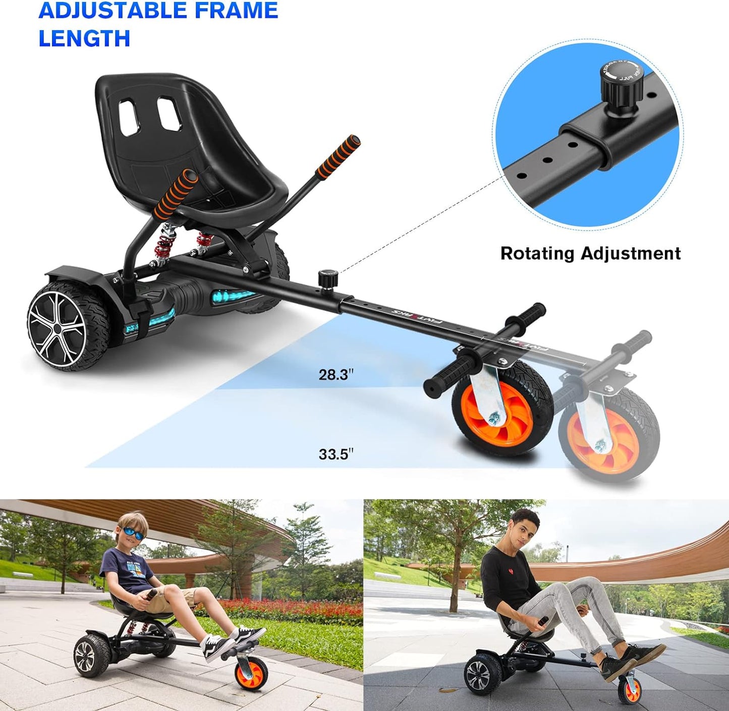 Hoverboard Go Kart with Rear Shock Absorption, Hoverboard Seat Attachment Accessory for 6" to 10" Hoverboard, Adjustable Frame Length & Off-Road Rubber Wheel (Not Including Hoverboard