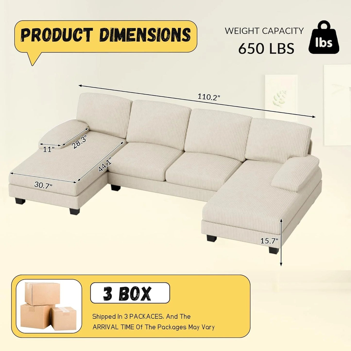 JUMMICO Sectional Couches for Living Room, U Shaped Couch with Chenille Fabric, 4 Seat Modern Sofa with Removable Pillows for Apartment and Small Space (Fabric, Grey)