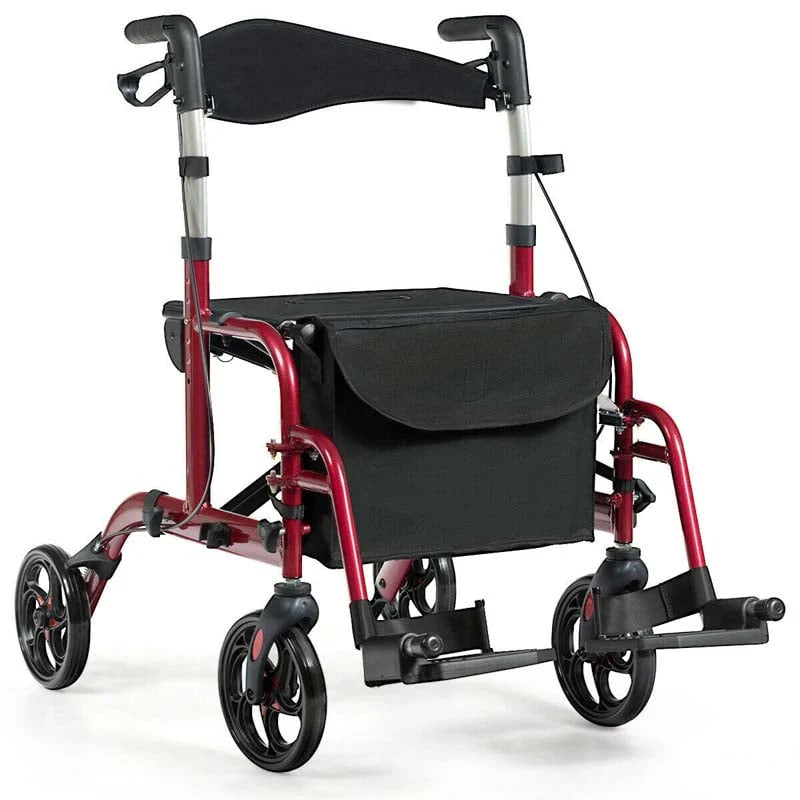 2 In 1 Rollator Walker Wheelchair Folding Medical Walker Aluminum Transport Chair Mobility Walking Aid - Comfortable And Ergonomic Design