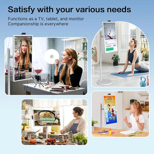 32-Inch Portable TV, 1080P FHD Rolling TV on Wheels with Rotatable Touch Screen, Android 13 OS, 8G RAM+128G Storage, Built-in Battery, Full Swivel Rotation, Voice Remote