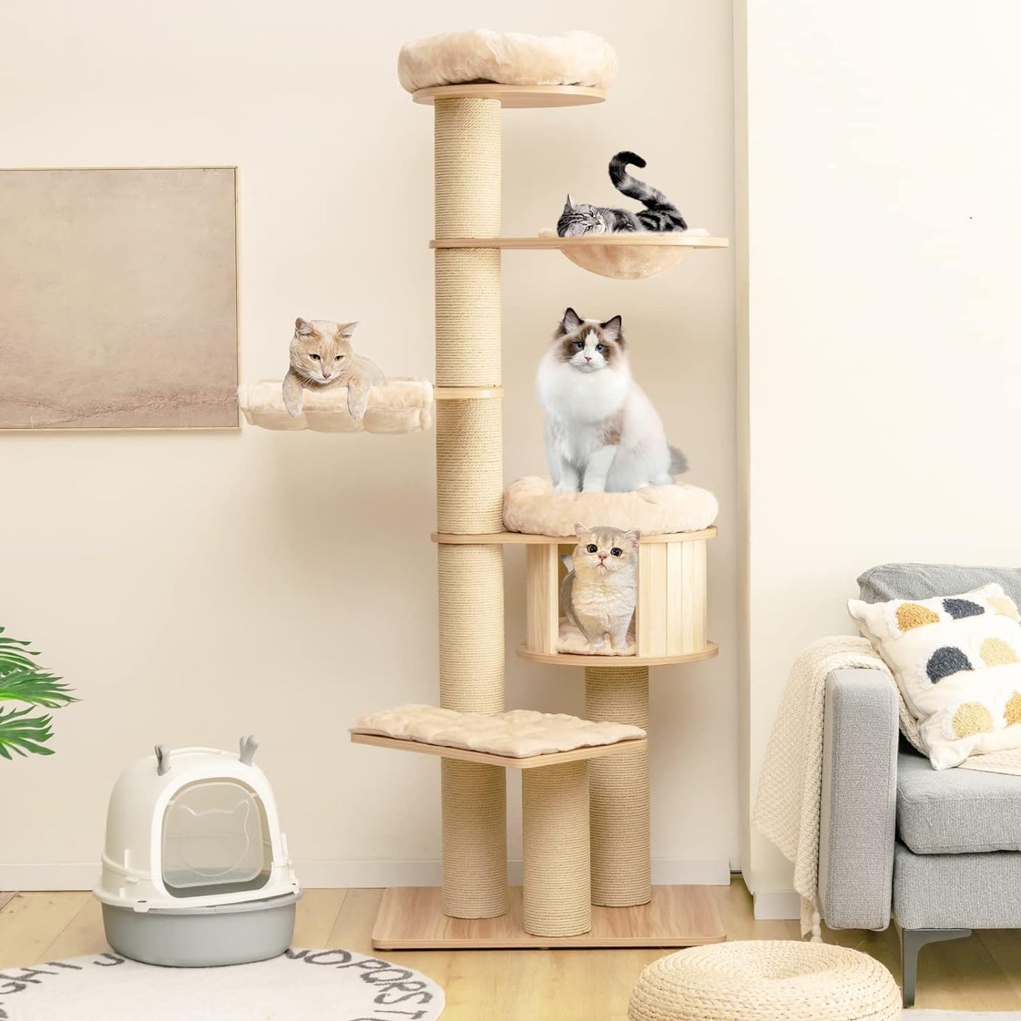 Large cat tree, multi-level tower with sisal posts, hammock, hanging basket and removable washable mats, perfect for large cats