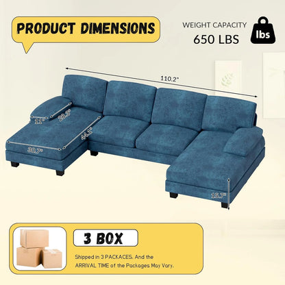 JUMMICO Sectional Couches for Living Room, U Shaped Couch with Chenille Fabric, 4 Seat Modern Sofa with Removable Pillows for Apartment and Small Space (Fabric, Grey)