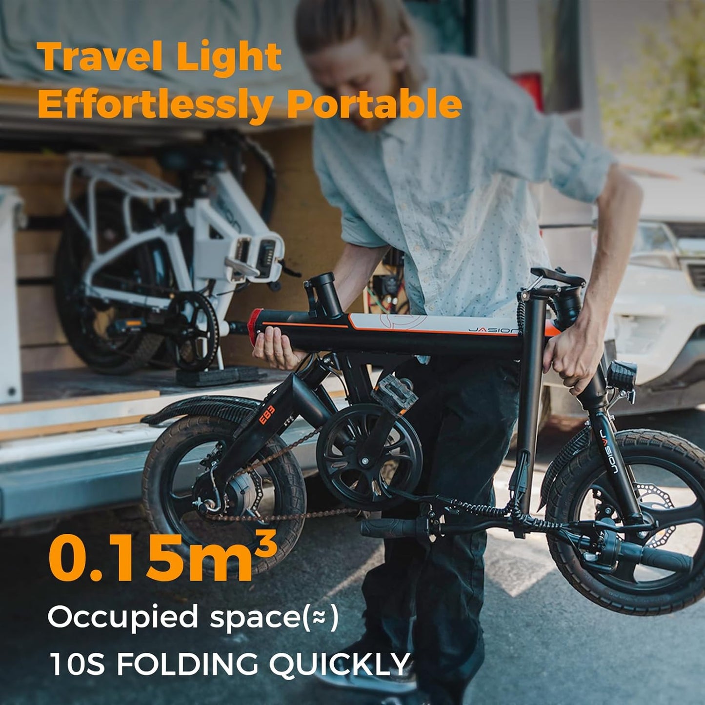 Jasion EB3 Electric Bike Adults 21mph, 500W Peak Motor, 270Wh Battery, Rear Suspension, 3 Levels Assist, 14′′ Folding Ebike for Adults and Teens, Complies to UL2849
