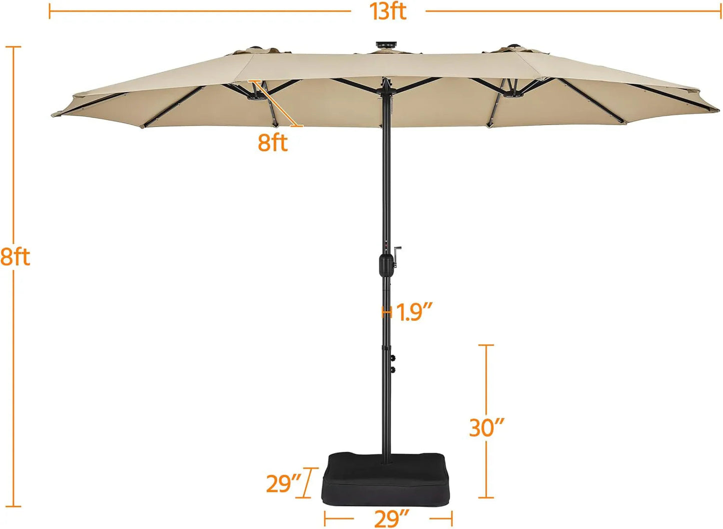 15 ft Large Patio Umbrella with Solar Lights Double-Sided Outdoor Rectangle Market Umbrellas with 36 LED Lights/Base Included/Easy Crank for Patio Garden Yard Pool Lawn, Brown
