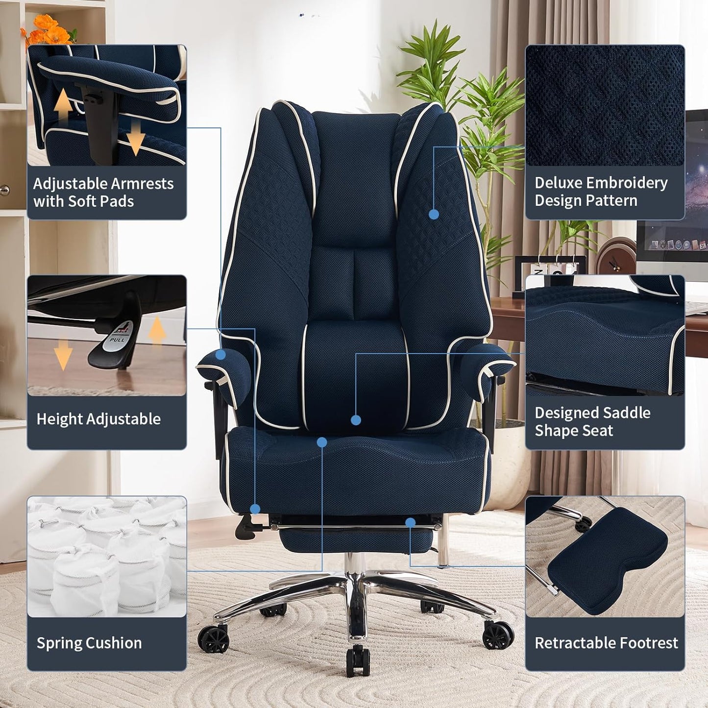 Large Tall Office Chair 400 lbs Wide Seat, Leather High Back Executive Office Chair with Footrest, Ergonomic Office Chair Lumbar Support to Relieve Lower Back Pain (Beige)