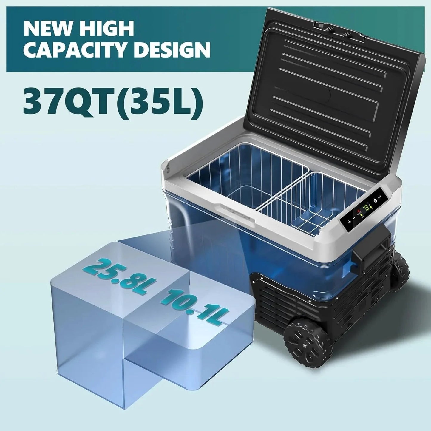 12 Volt Refrigerator, 53QT(50L) Electric Cooler, Portable Freezer 12V/24V DC 110-240V AC, 12V Fridge -4 ~68 , 12V Cooler with Wheels & 2 Baskets for Travel, Truck, Boat, Camping