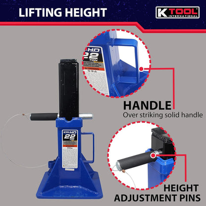 HD61222 22 Ton Automotive Jack Stands for Garages, Repair Shops, and DIY, Pin Style, V Shaped Saddle, Heavy Duty Steel Frame, Adjustable Height 11.825"- 19.725", Black/Blue, Pair