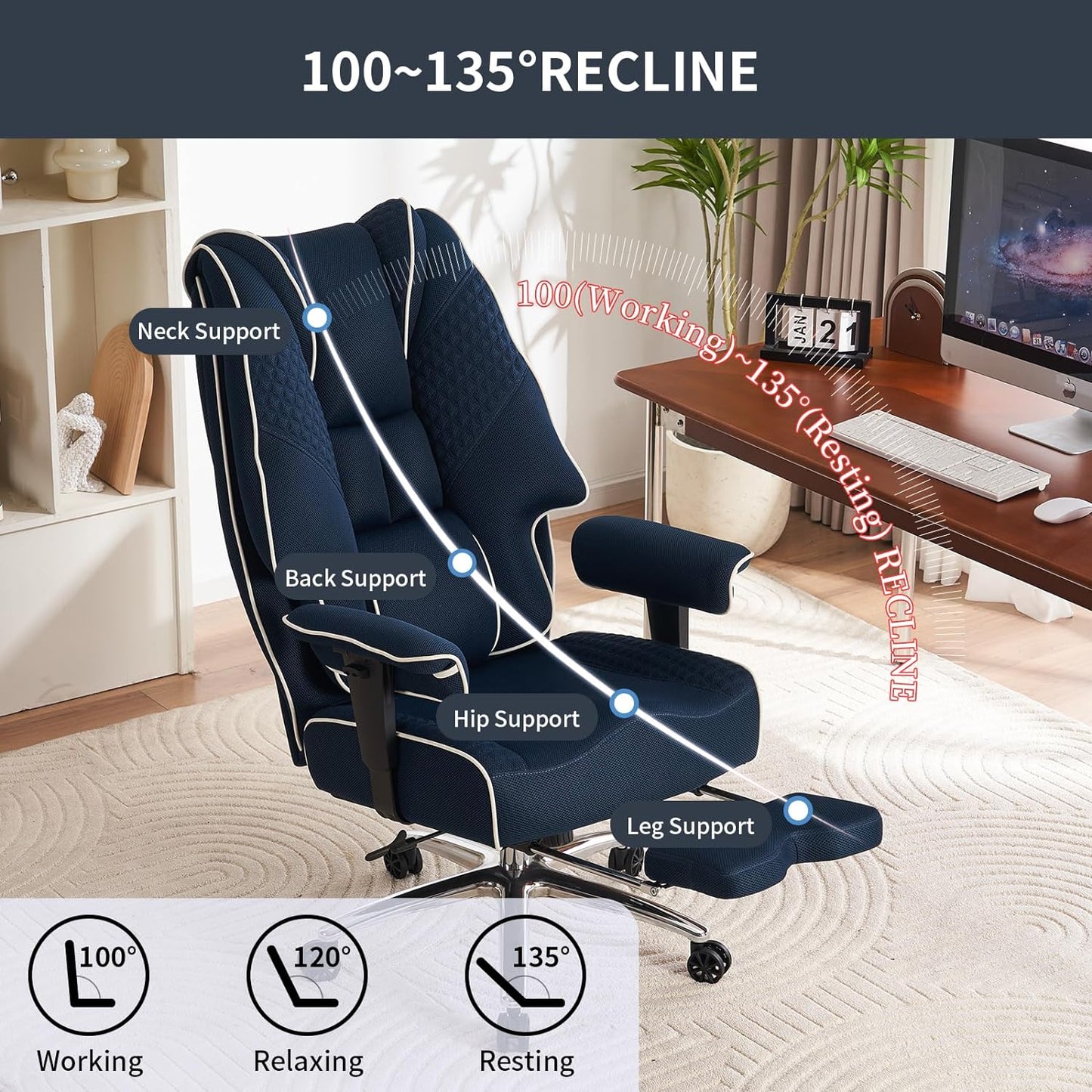 Large Tall Office Chair 400 lbs Wide Seat, Leather High Back Executive Office Chair with Footrest, Ergonomic Office Chair Lumbar Support to Relieve Lower Back Pain (Beige)