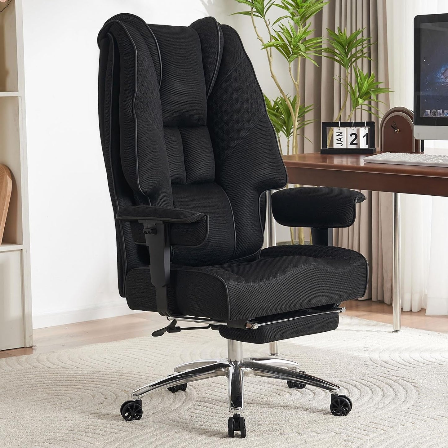 Large Tall Office Chair 400 lbs Wide Seat, Leather High Back Executive Office Chair with Footrest, Ergonomic Office Chair Lumbar Support to Relieve Lower Back Pain (Beige)