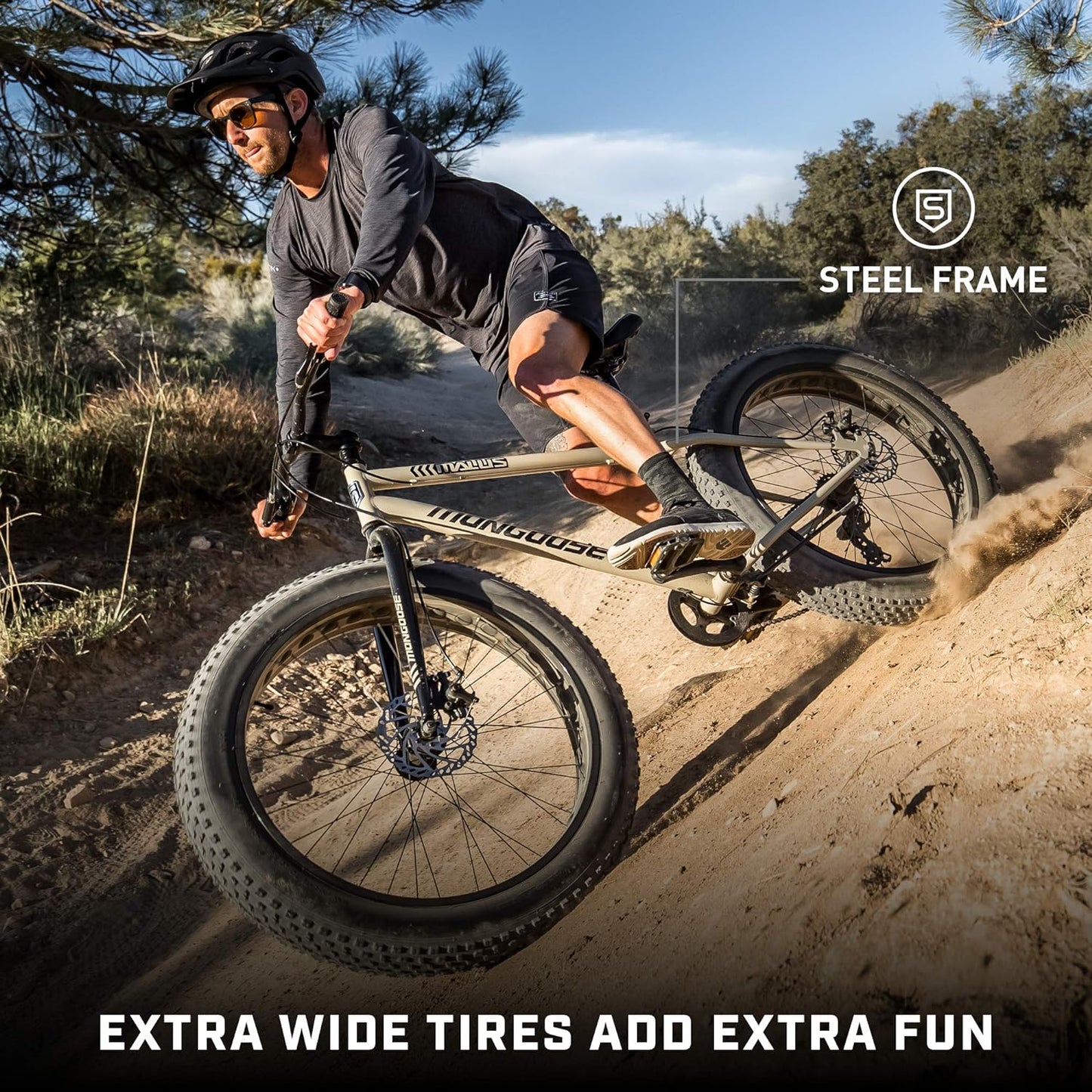 Malus Mens and Women Fat Tire Mountain Bike, 26-Inch Bicycle Wheels, 4-Inch Wide Knobby Tires, Steel Frame, 7 Speed Drivetrain, Shimano Rear Derailleur, Disc Brakes