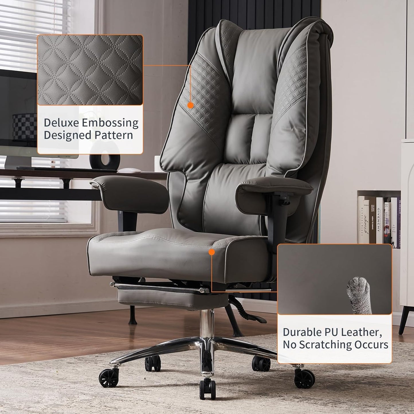 Large Tall Office Chair 400 lbs Wide Seat, Leather High Back Executive Office Chair with Footrest, Ergonomic Office Chair Lumbar Support to Relieve Lower Back Pain (Beige)