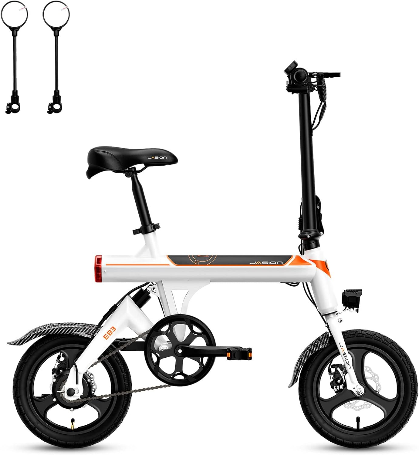 Jasion EB3 Electric Bike Adults 21mph, 500W Peak Motor, 270Wh Battery, Rear Suspension, 3 Levels Assist, 14′′ Folding Ebike for Adults and Teens, Complies to UL2849